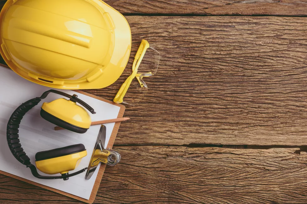 safety-equipment-wooden-background-with-copy-space