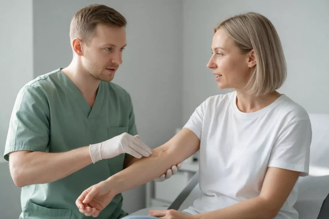 kosmetolog pielęgnuje bliznę na przedramieniu pacjentki