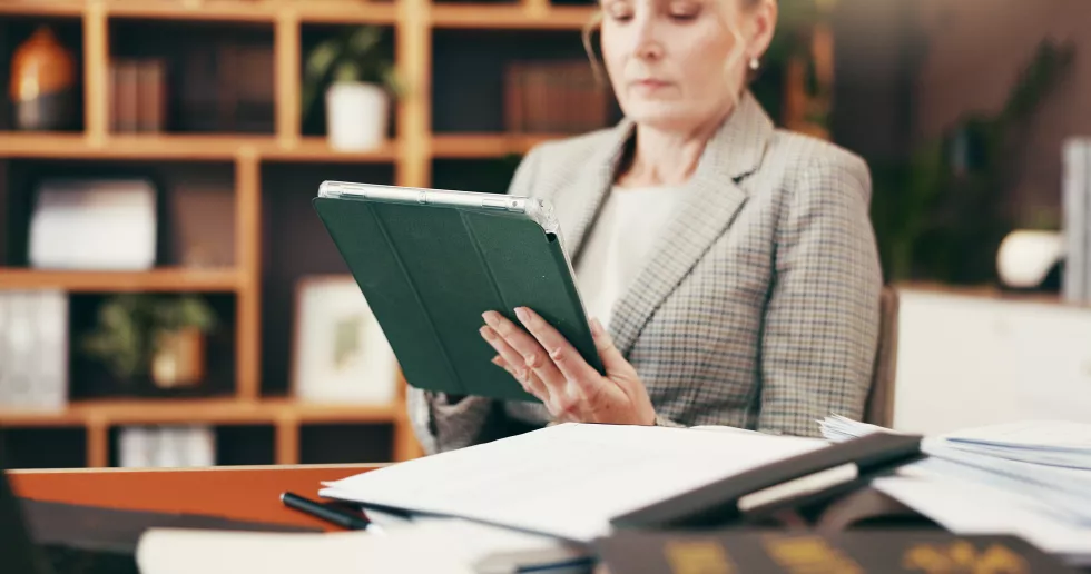 tablet-business-scroll-with-woman-home-office-account-manager-financial-advisor-communication-virtual-consultant-client-portfolio-update-with-mature-person-contact-email