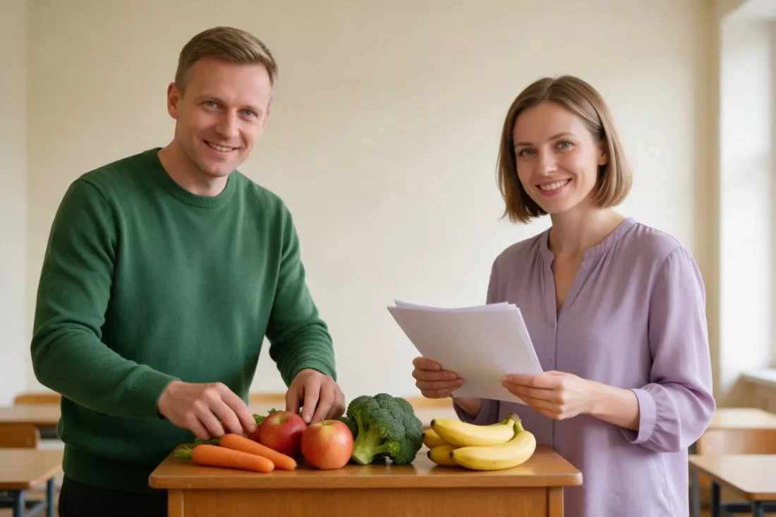 nauczyciele przygotowują lekcję o zdrowym odżywianiu