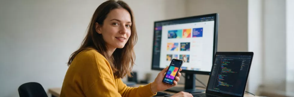 programistka testuje aplikację webową na telefonie