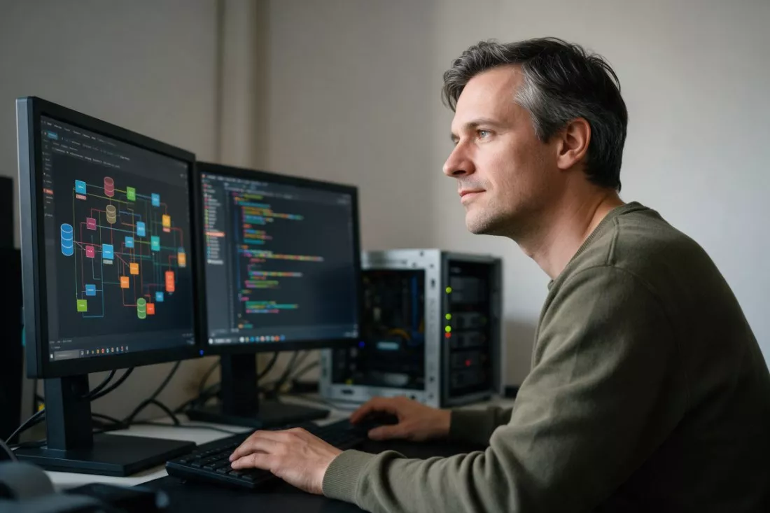 programista przy monitorach ze schematem bazy