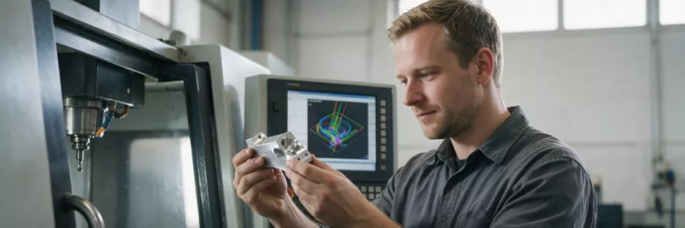 programista CNC przy frezarce z detalem