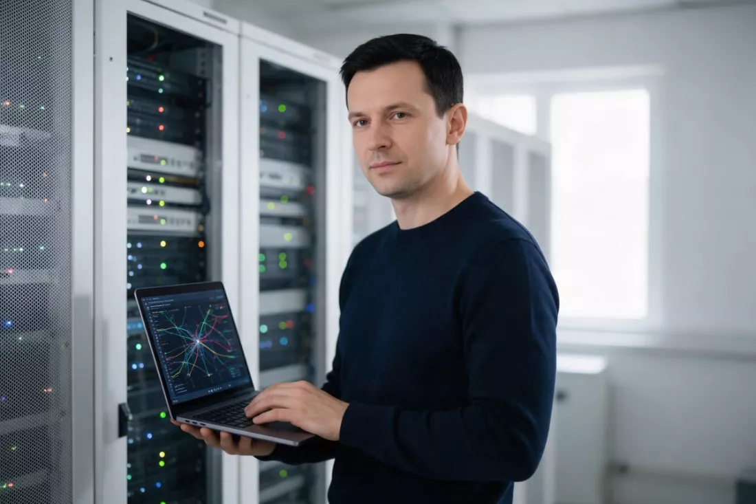analityk cyberbezpieczeństwa w serwerowni