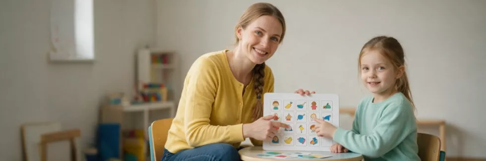 logopedka z dziewczynką przy tablicy symboli