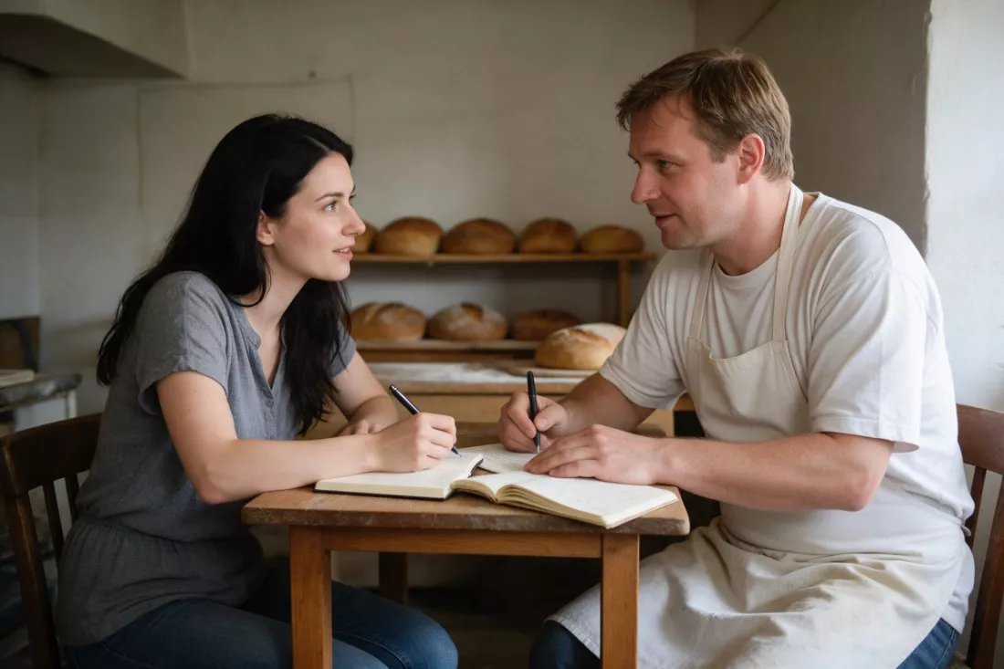 nauczycielka rozmawia z lokalnym przedsiębiorcą