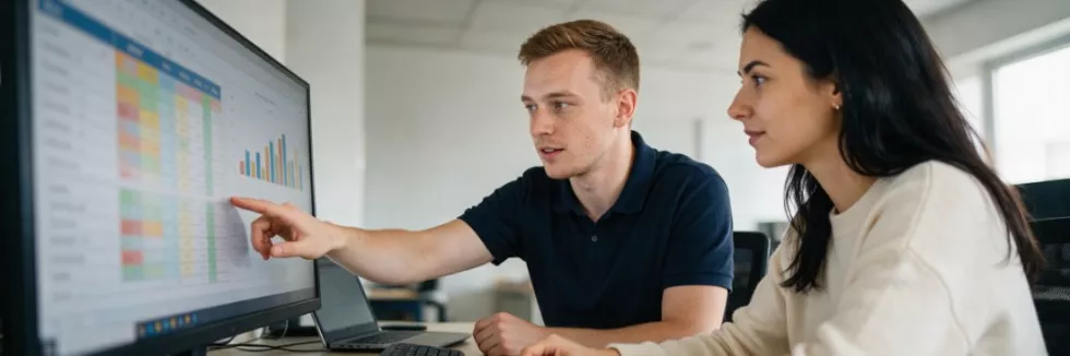 Zintegrowany-system-informatyczny-SAP-ERP-test-Specjalista-pokazuje-kolezance-raport-w-systemie