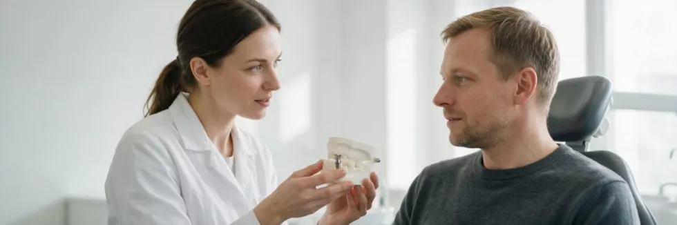 dentystka pokazuje pacjentowi model implantu