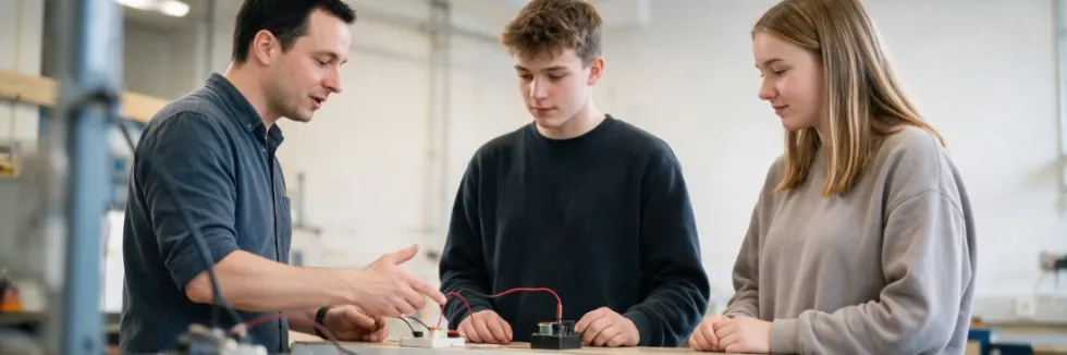 nauczyciel tłumaczy uczniom obwód elektryczny