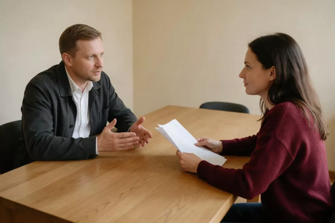 mediator rozmawia z kobietą przy stole
