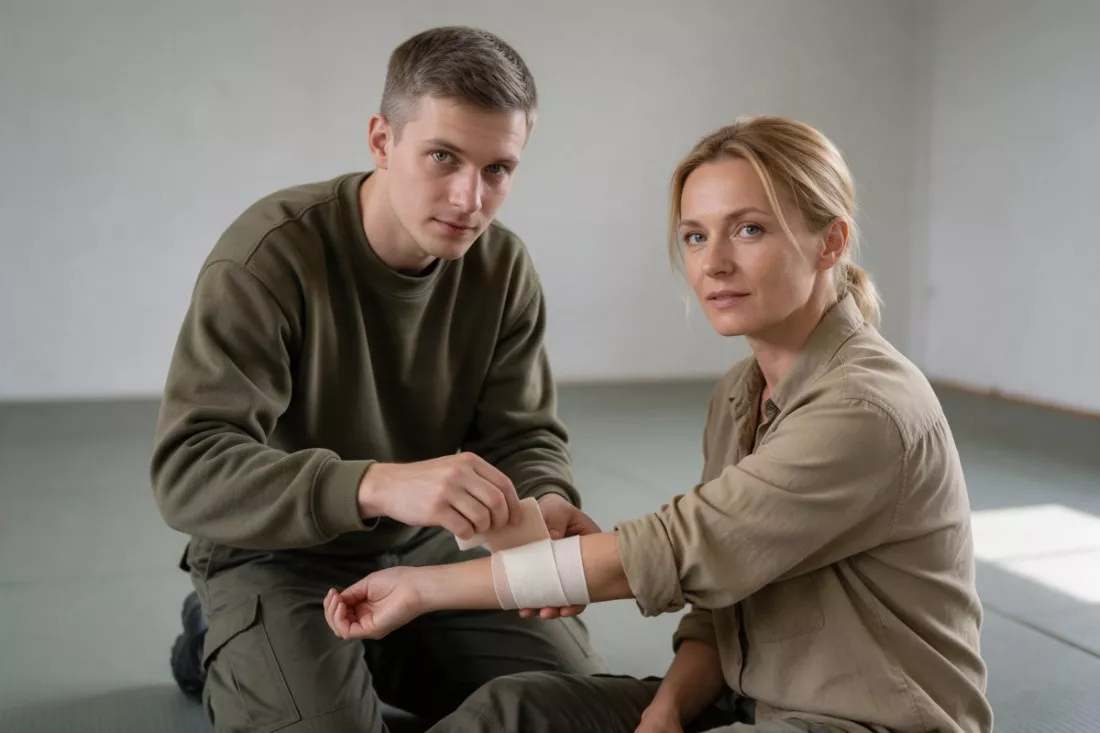 ratownik opatruje rękę kobiety na szkoleniu
