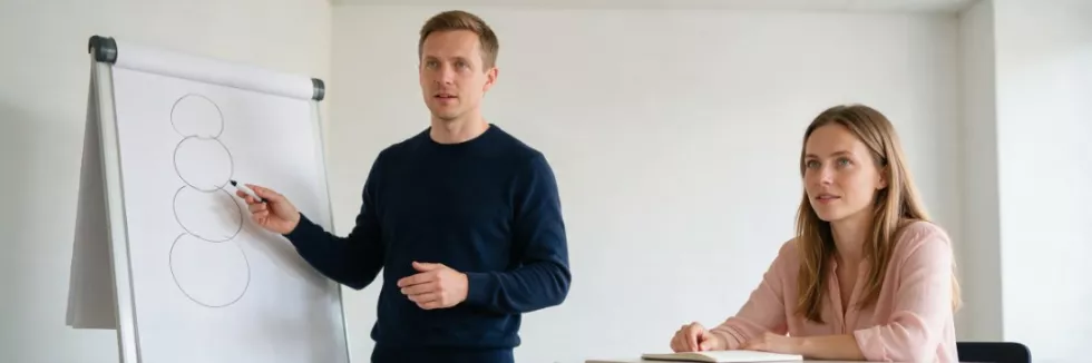 trener tłumaczy model menedżerce przy flipcharcie
