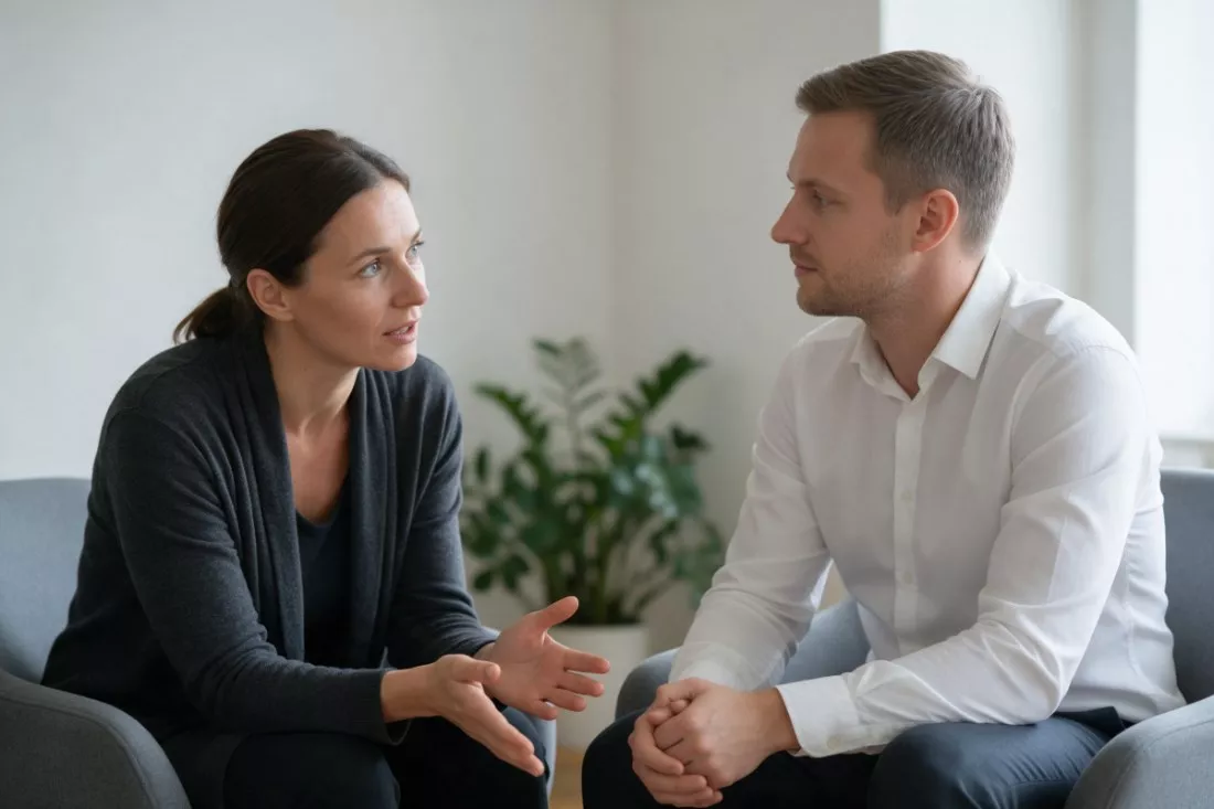 coachka rozmawia z menedżerem w gabinecie