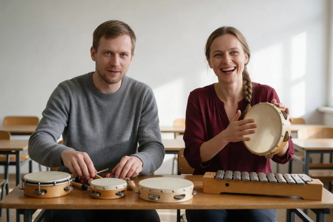 nauczyciele przygotowują instrumenty do lekcji