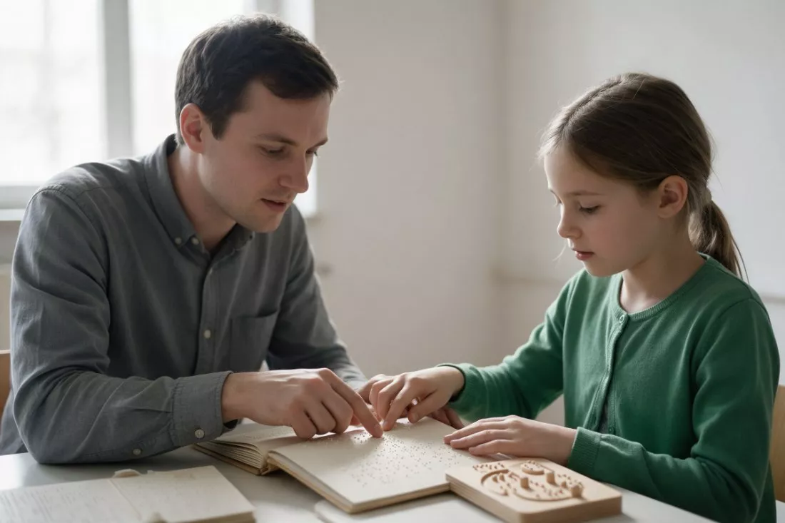 tyflopedagog z dziewczynką i pomocami dotykowymi