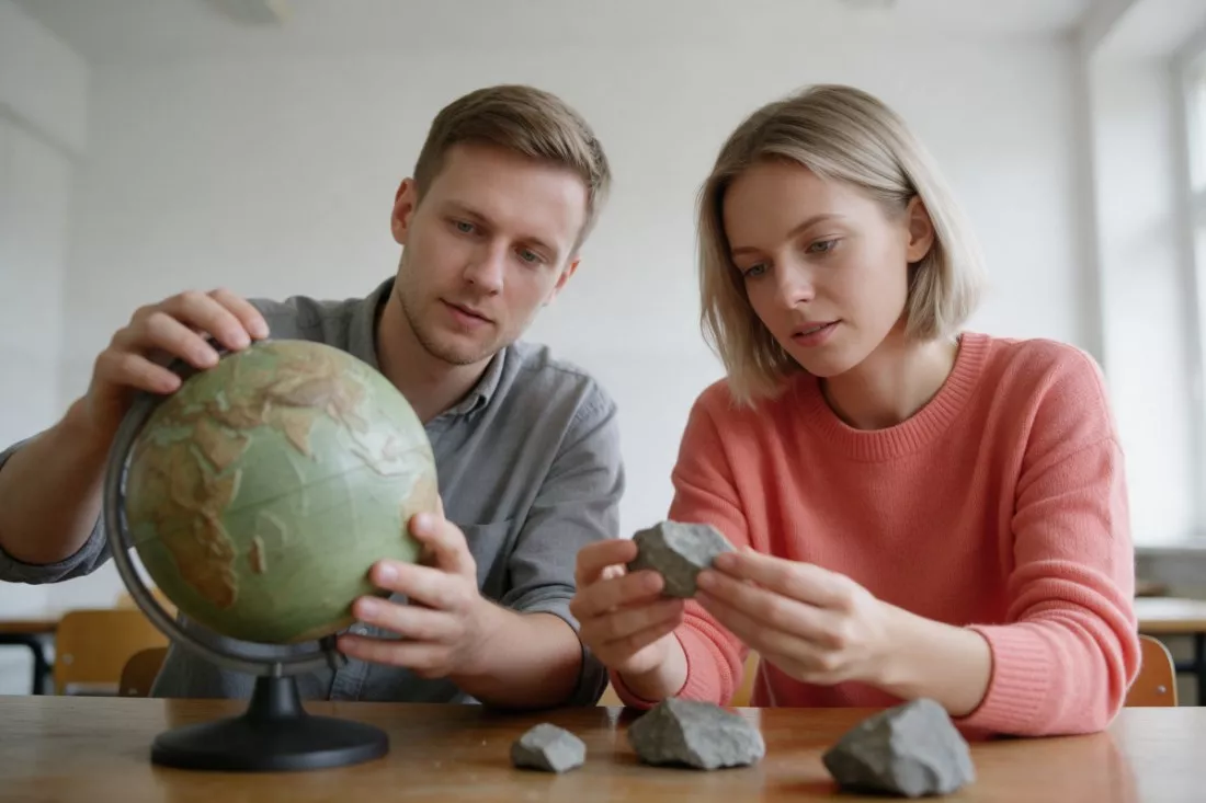 nauczyciele geografii przy globusie i skałach