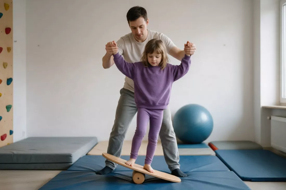 terapeuta z dziewczynką na równoważni