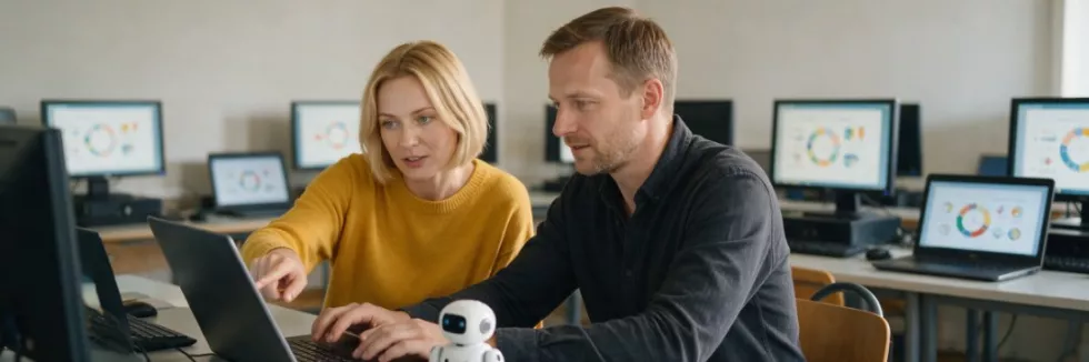 nauczycielka informatyki z kolegą w pracowni