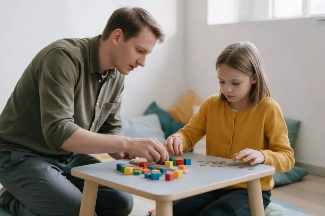 terapeuta pedagogiczny z dziewczynką i klockami