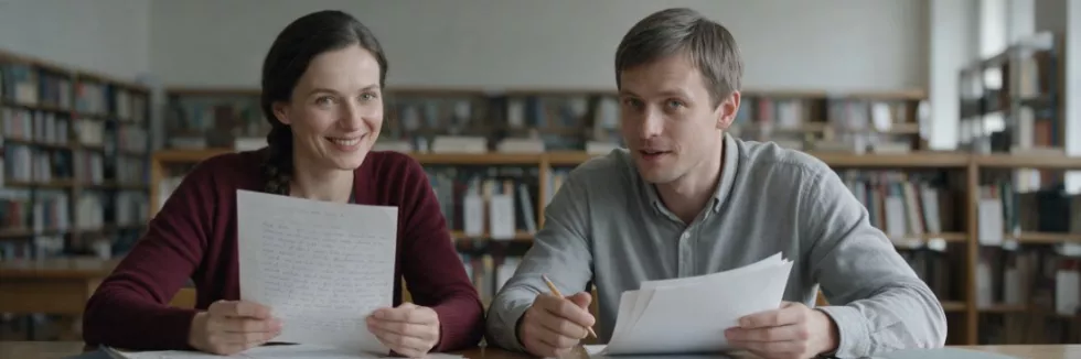 polonistka omawia wypracowania z kolegą