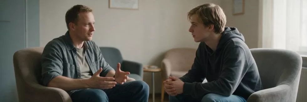 terapeuta uzależnień rozmawia z młodym mężczyzną