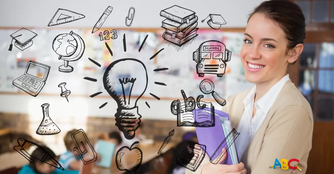 female-teacher-smiling-with-education-signs-foreground