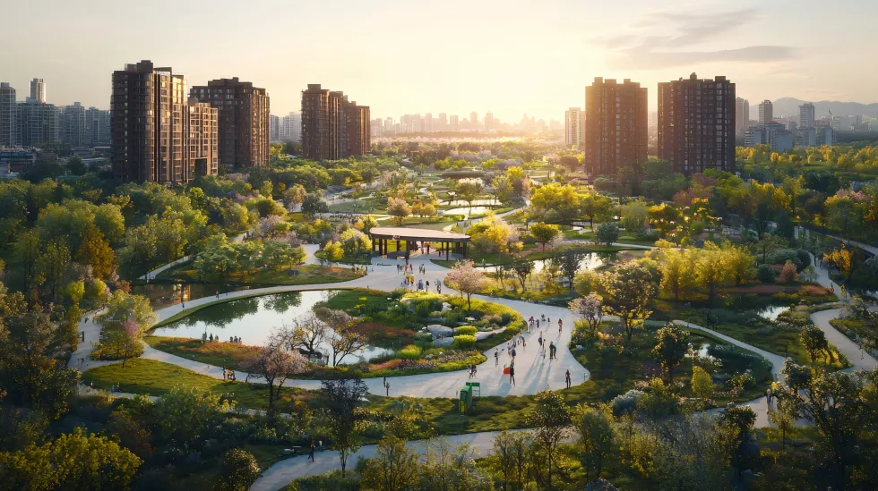 green-urban-park-connecting-residential-buildings-sunset