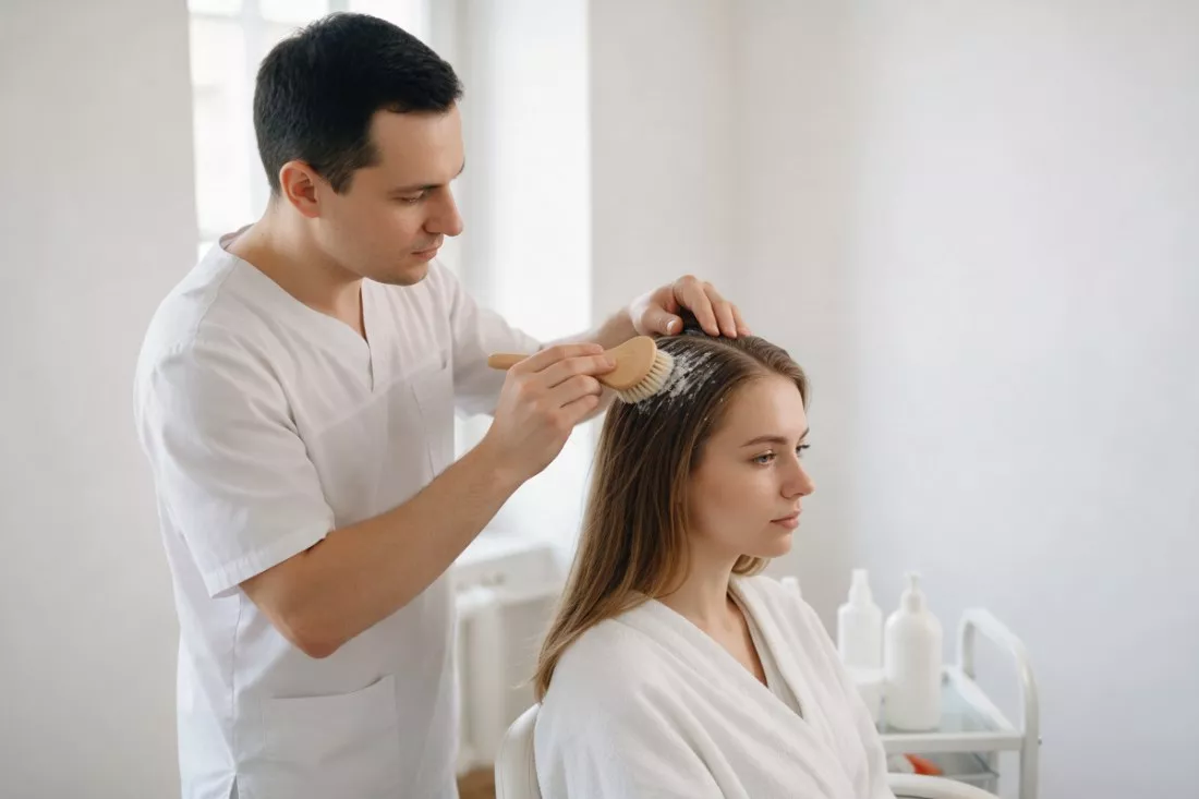 trycholog nakłada peeling na skórę głowy