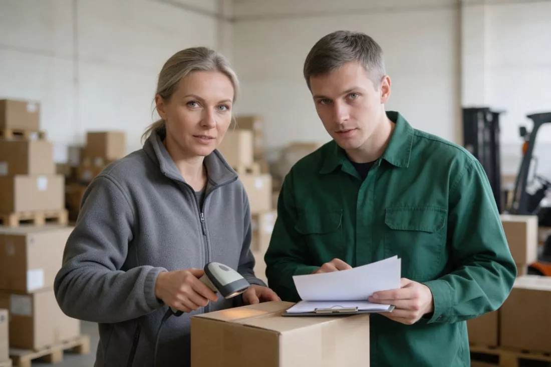 logistycy sprawdzają palety w magazynie