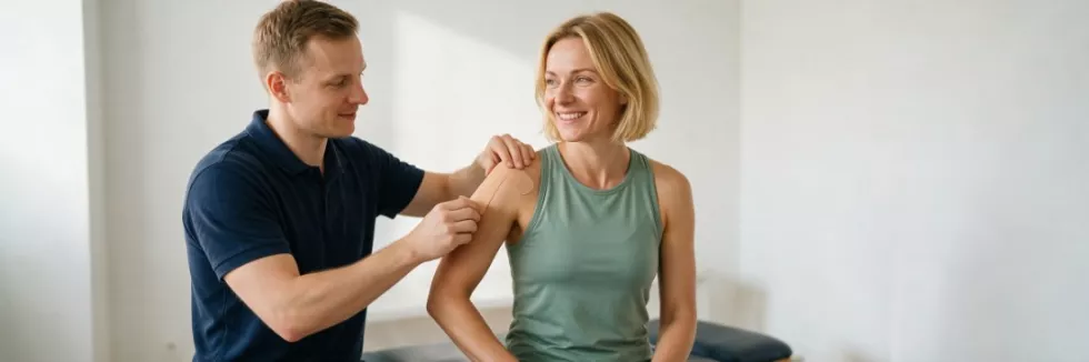 terapeuta nakleja kobiecie taśmę na bark