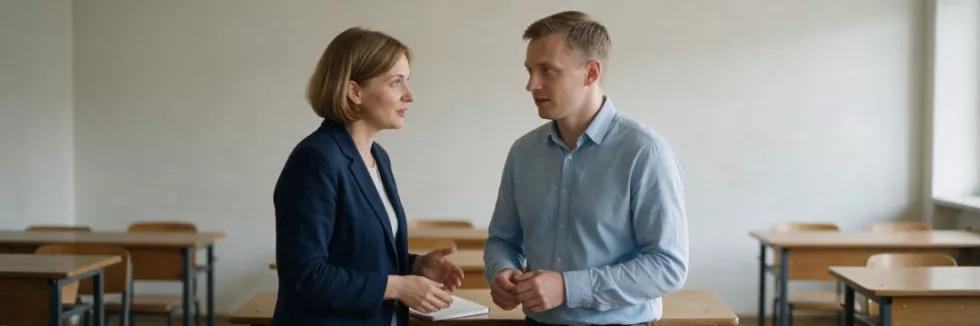 dyrektorka szkoły rozmawia z nauczycielem w klasie