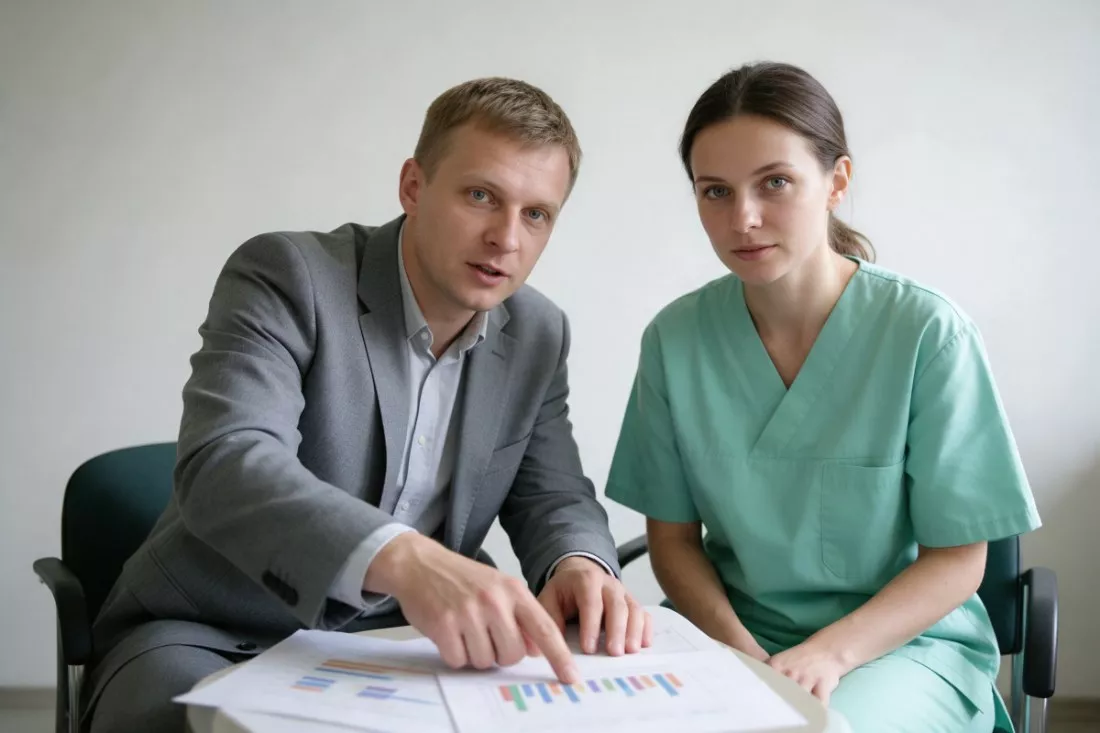 menedżer omawia wykresy z pielęgniarką