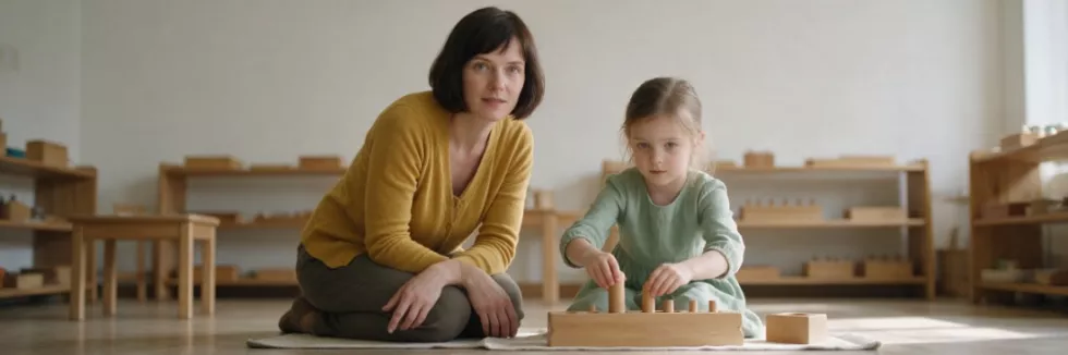 nauczycielka Montessori obserwuje dziewczynkę przy materiale