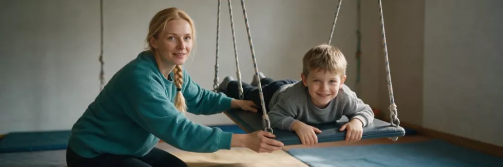 terapeutka prowadzi zajęcia na huśtawce z chłopcem