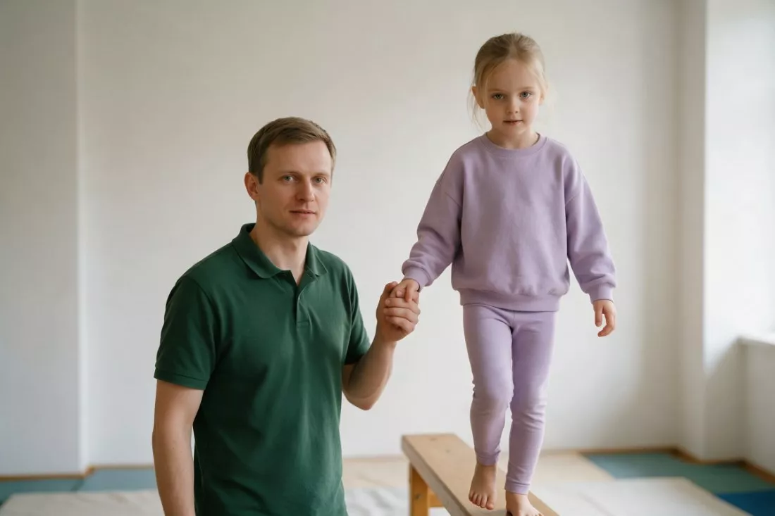 terapeuta ćwiczy równowagę z dziewczynką