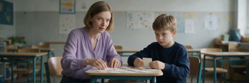 pedagożka ćwiczy z chłopcem przy stoliku