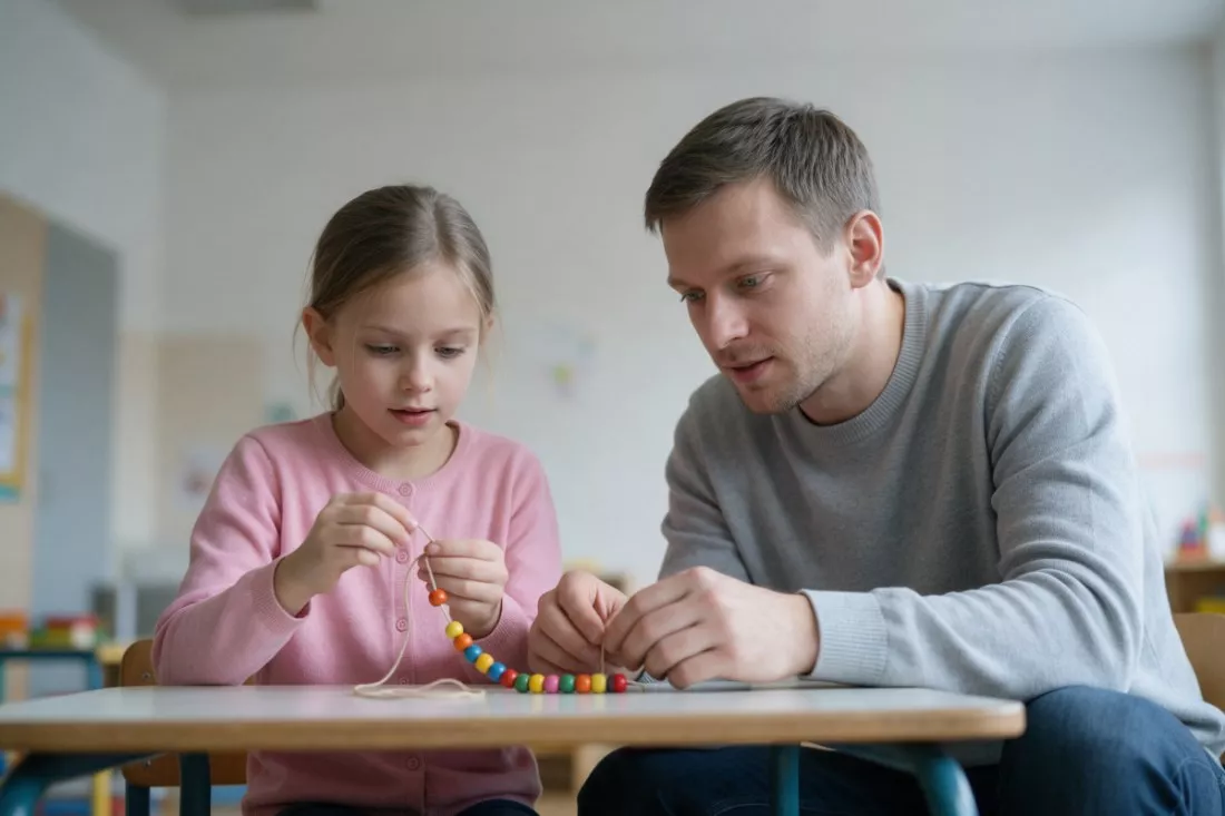 pedagog prowadzi ćwiczenia manualne z dziewczynką
