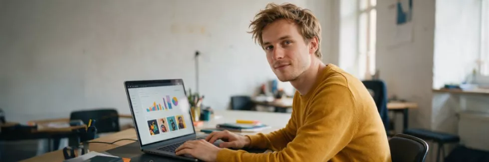 marketingowiec analizuje kampanię na laptopie