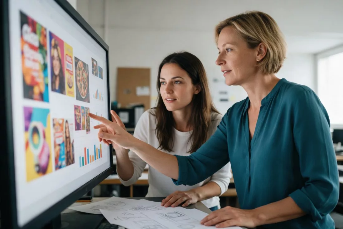 dwie marketingowczynie oceniają materiały reklamowe