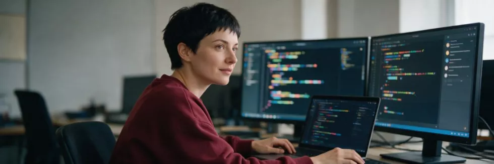 programistka pracuje przy dwóch monitorach