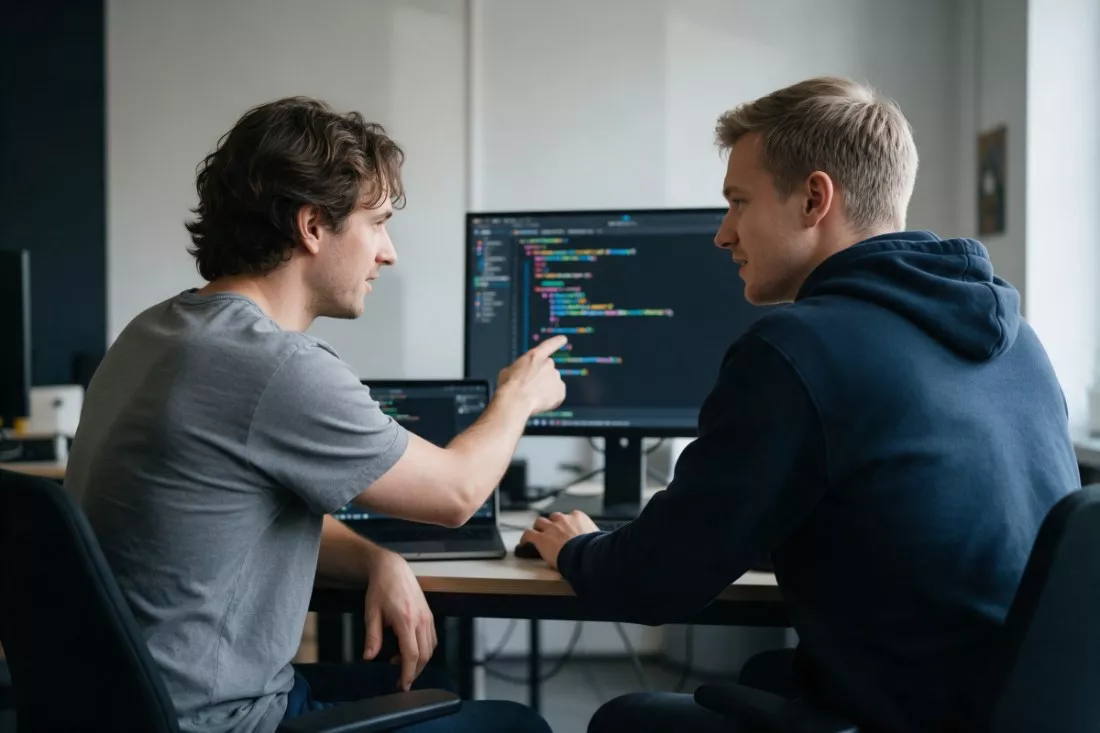 dwaj programiści pracują wspólnie przy komputerze