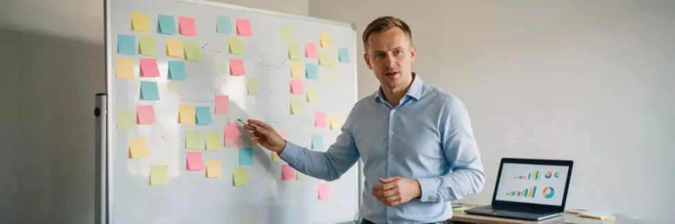 menedżer produktu planuje przy tablicy