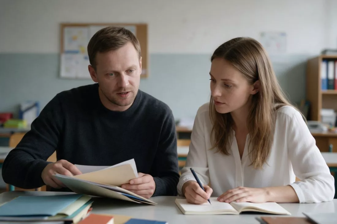 pedagog i psycholożka omawiają pomoc uczniowi