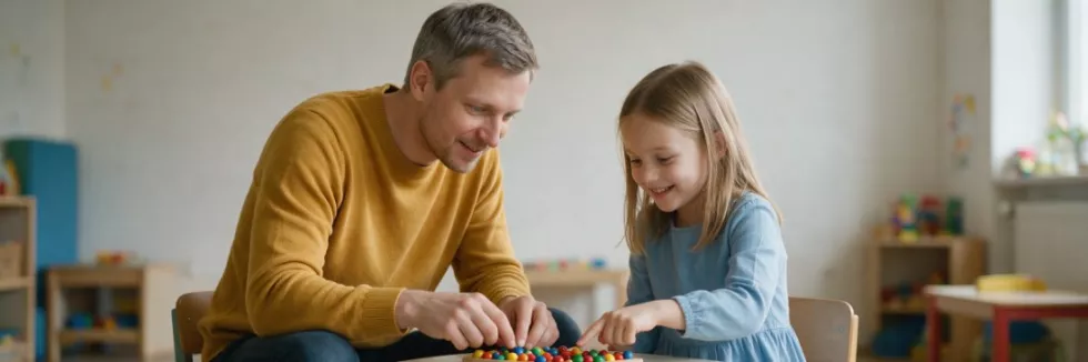 nauczyciel liczy koraliki z dziewczynką