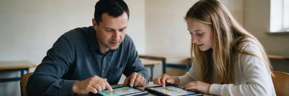 nauczyciel ze studentką przy tabletach