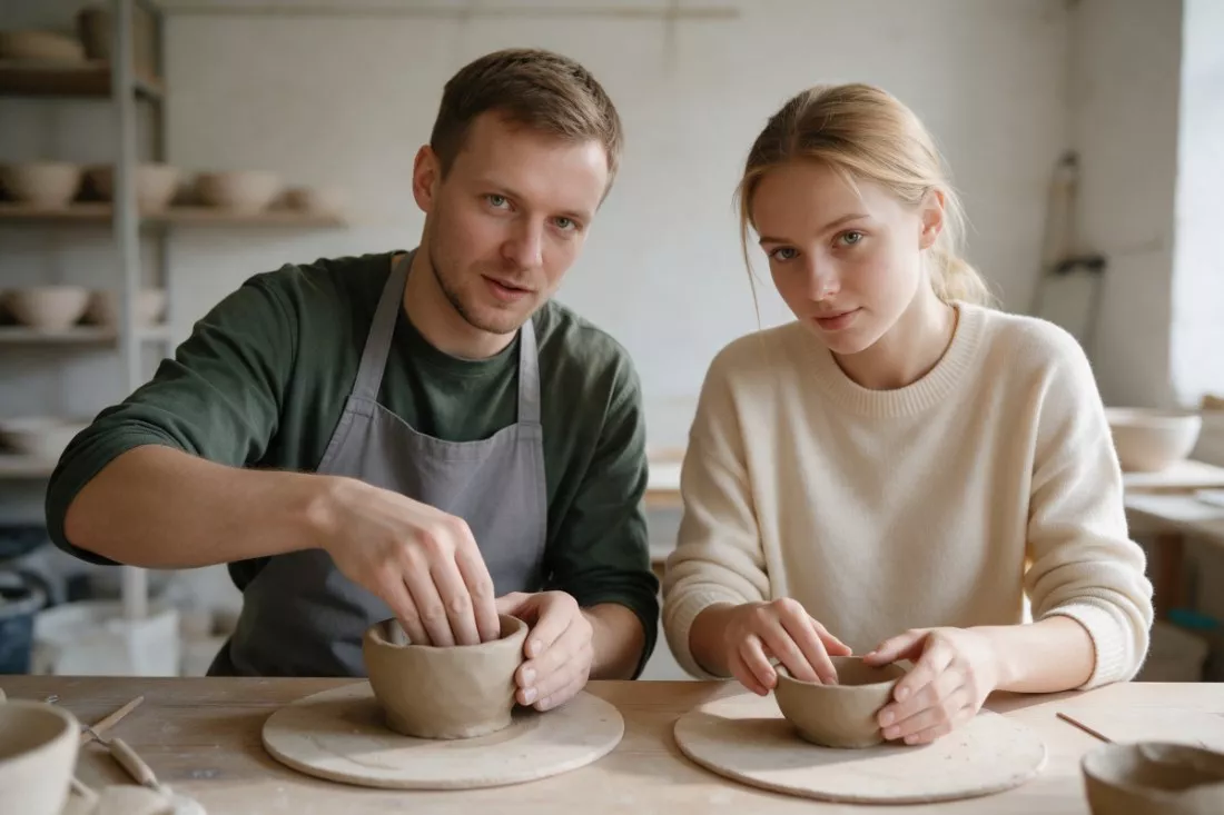 pedagog prowadzi zajęcia ceramiczne z młodą kobietą