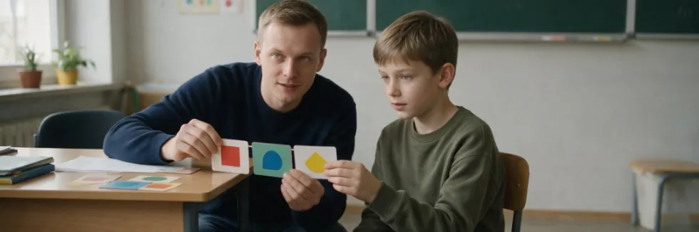 nauczyciel pokazuje uczniowi obrazkowy plan dnia