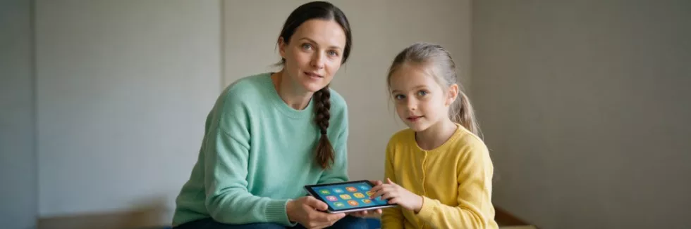 pedagożka ćwiczy komunikację z dziewczynką na tablecie