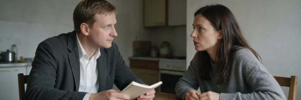 kurator rozmawia z kobietą w jej kuchni