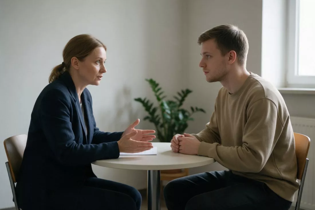 mediatorka rozmawia z młodym mężczyzną